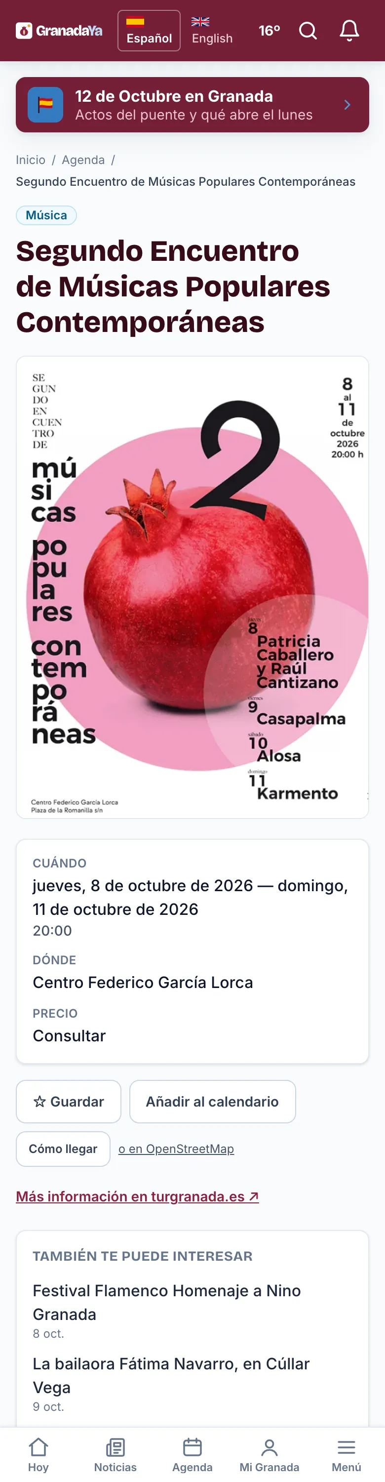 Ficha de un acto de la agenda con el botón «Añadir al calendario»