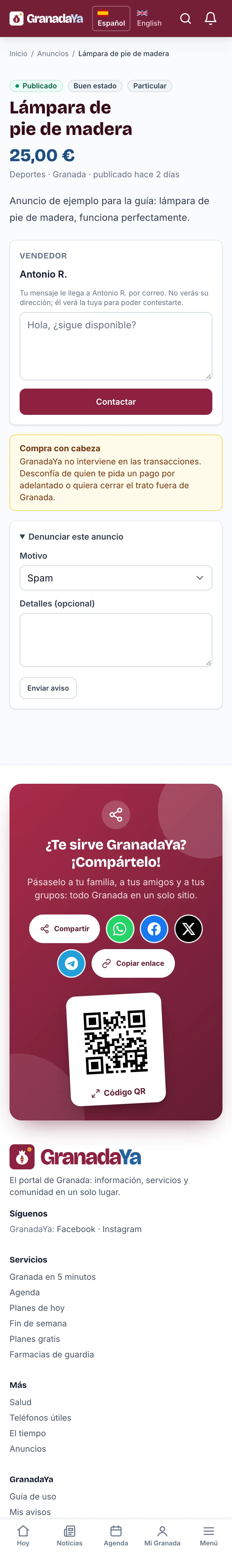 Un anuncio con el formulario para contactar y el de denunciar