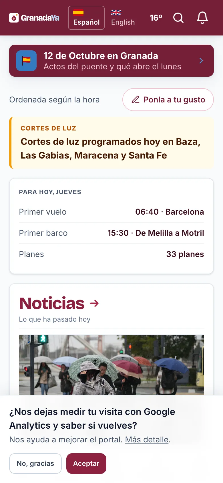 El aviso de cookies con «No, gracias» y «Aceptar»