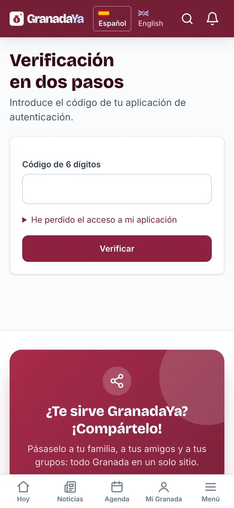 Pantalla que pide el código de 6 dígitos