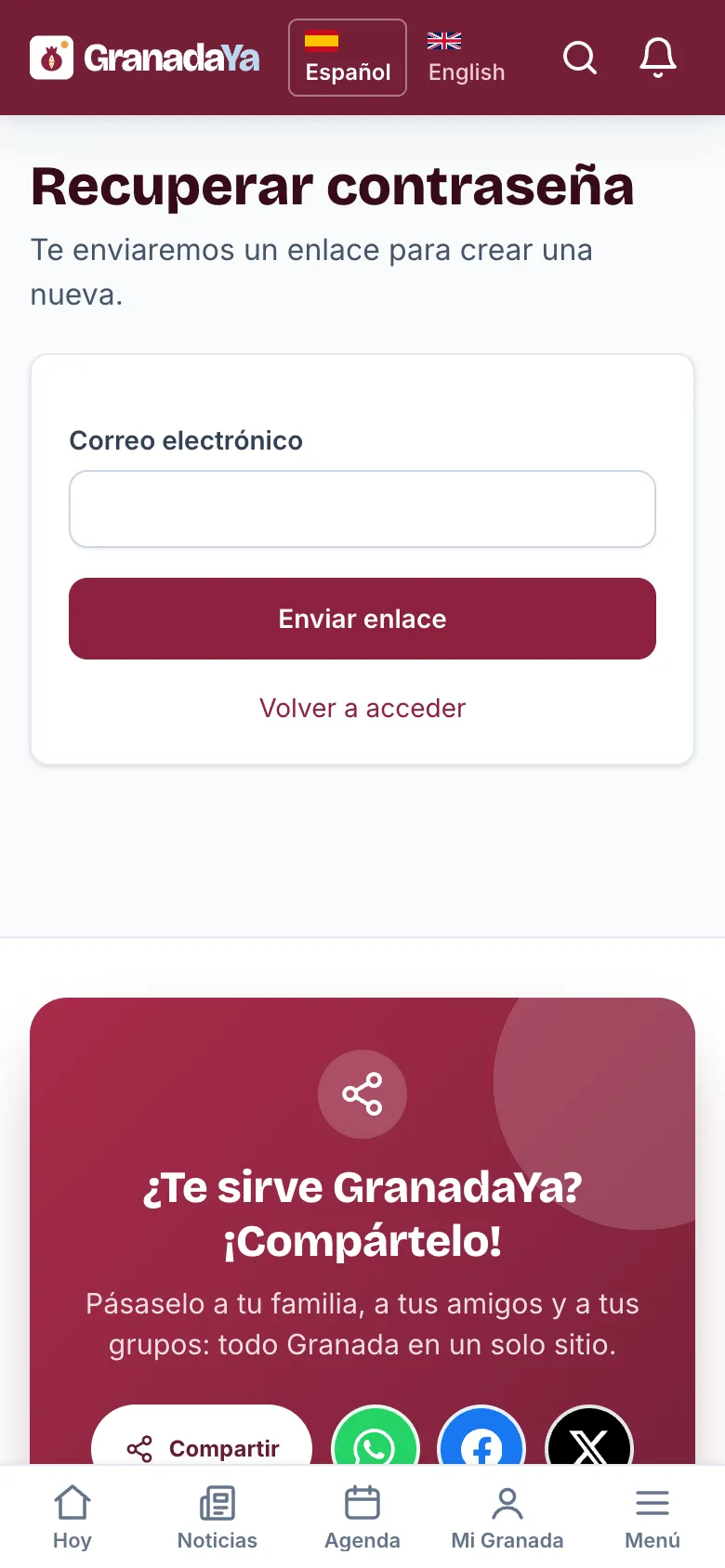 Pantalla para recuperar la contraseña