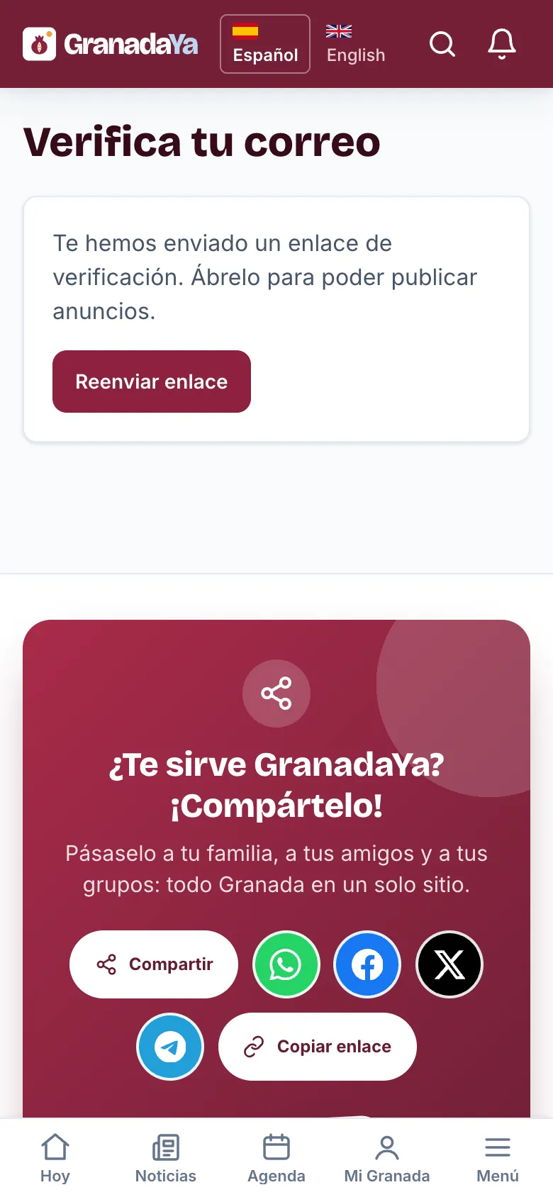 Pantalla «Verifica tu correo» con el botón «Reenviar enlace»