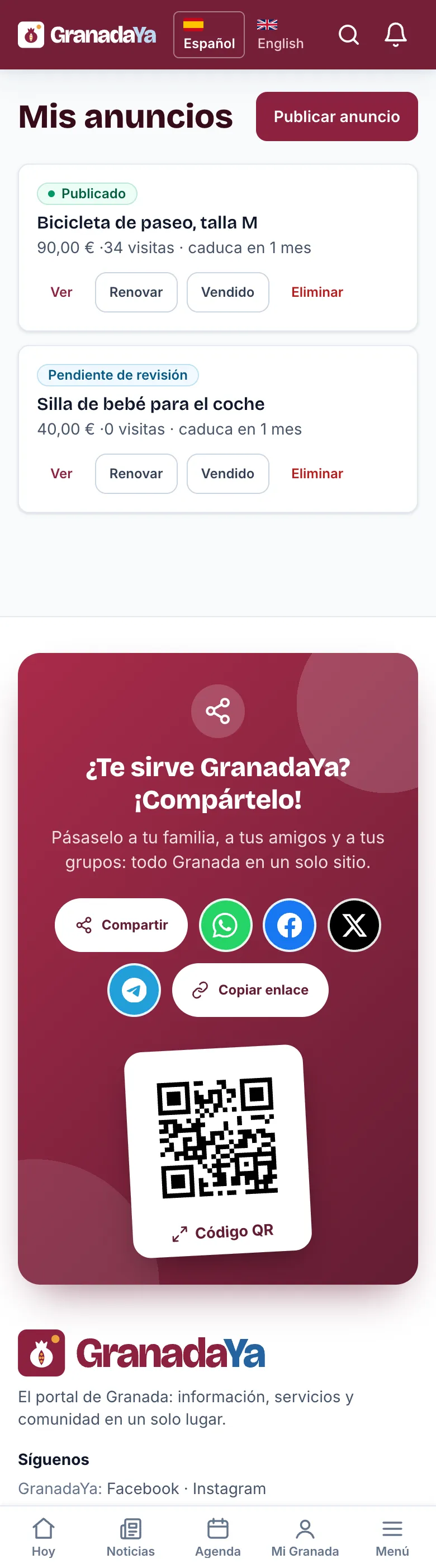 Mis anuncios con los botones Ver, Renovar, Vendido y Eliminar