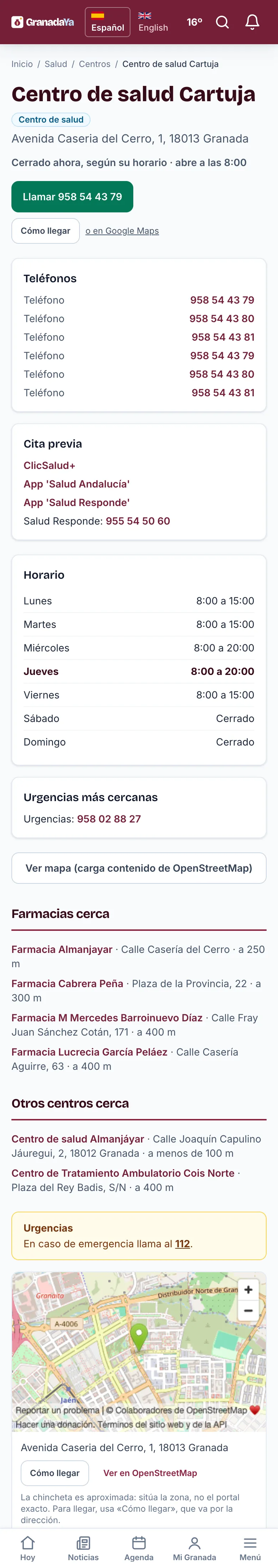 La página de un centro de salud, con su horario y la cita previa