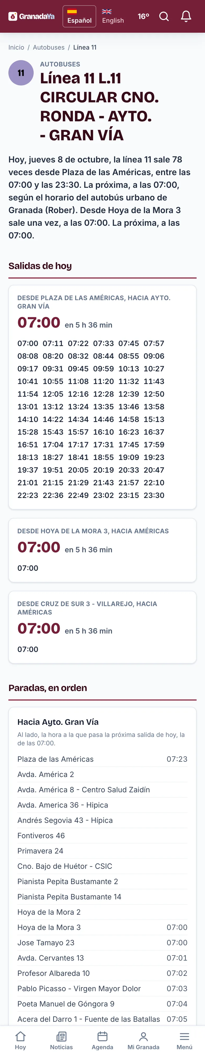 La página de una línea, con sus salidas y sus paradas