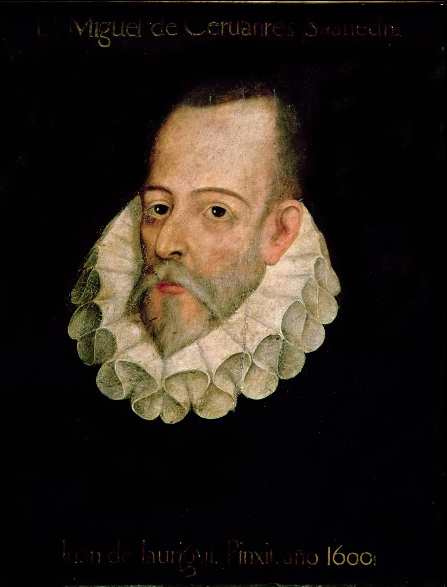 Retrato antiguo de un hombre con bigote y perilla, golilla blanca y jubón oscuro, dentro de un marco ovalado pintado.