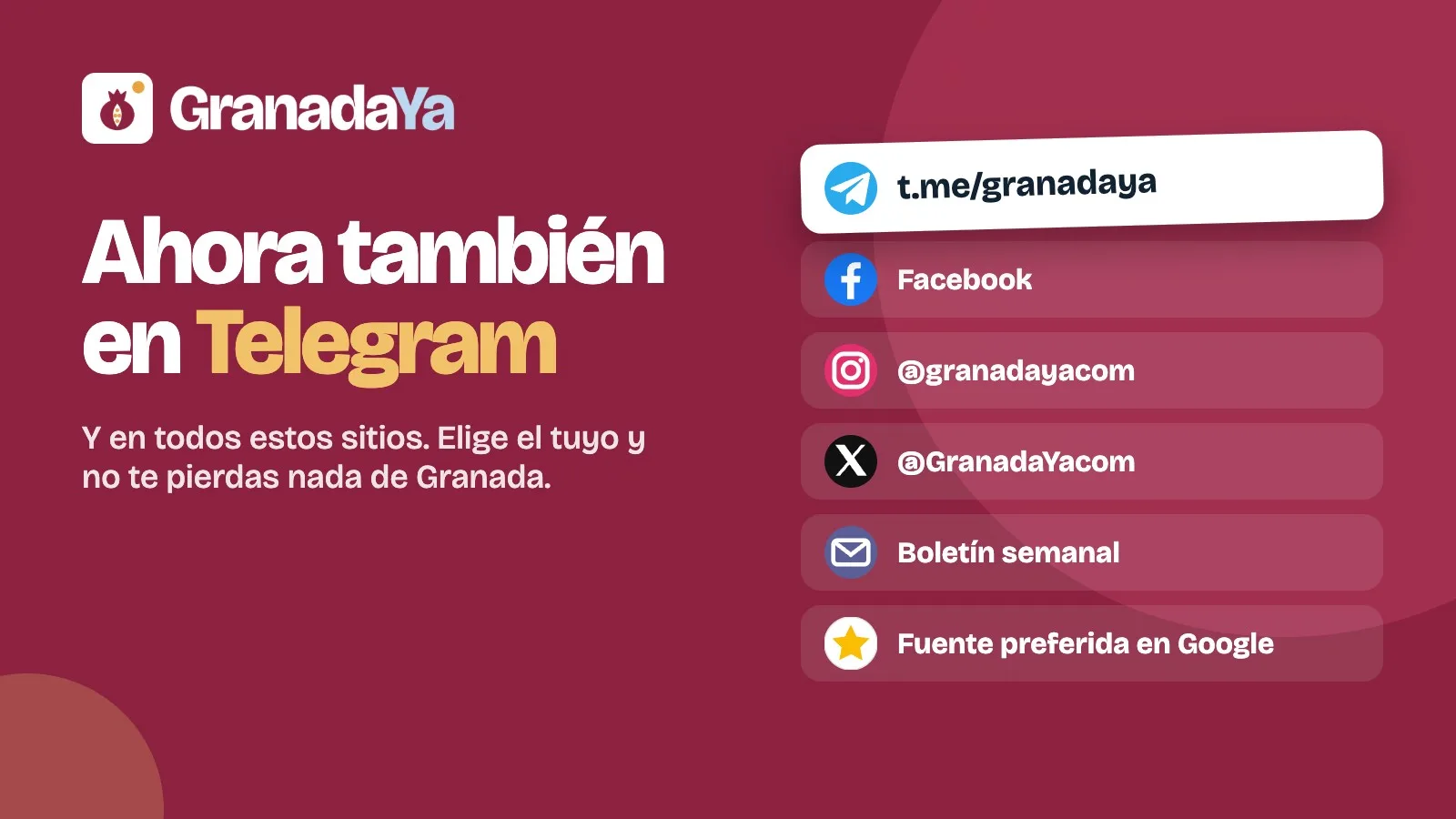 Cartel de GranadaYa: síguenos en Telegram, Facebook, Instagram, el boletín por correo y Google.