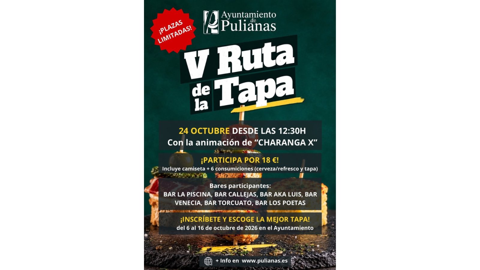 Imagen de la noticia: Pulianas celebra el 24 de octubre su V Ruta de la Tapa con seis bares