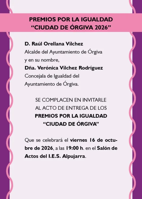 Imagen de la noticia: Órgiva entrega el viernes 16 los Premios por la Igualdad Ciudad de Órgiva 2026