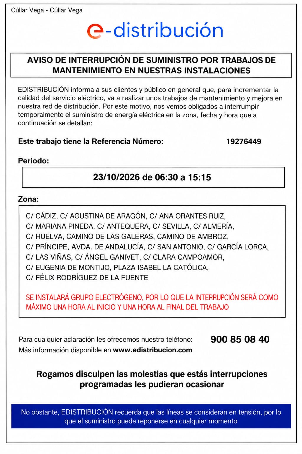 Imagen de la noticia: E-distribución cortará la luz hasta una hora al inicio y otra al final del viernes 23 en Cúllar Vega
