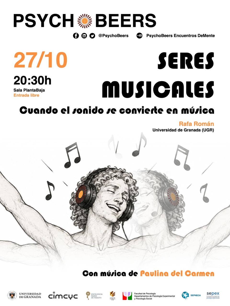 Cartel de una charla titulada Seres Musicales con un dibujo de una persona con auriculares y notas musicales alrededor.
