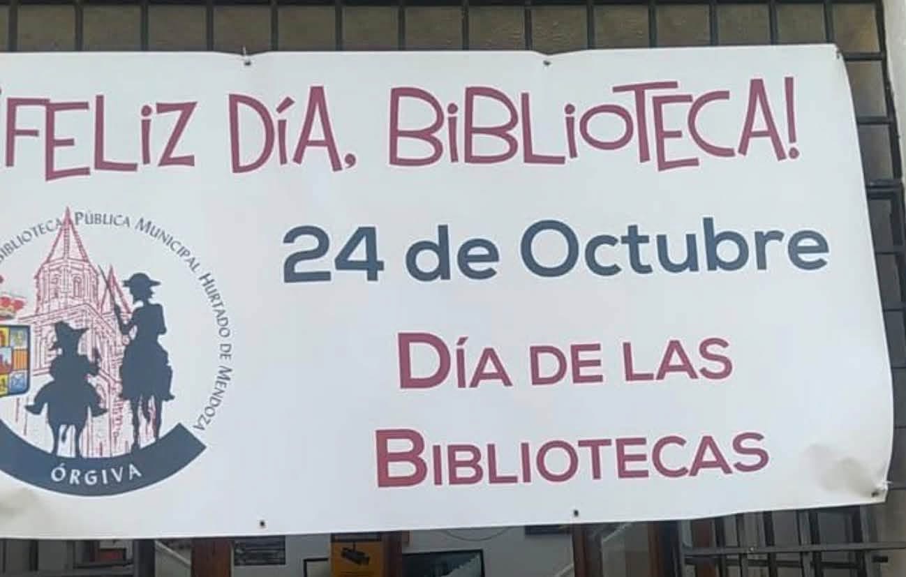 Cartel blanco con el texto ¡Feliz día, biblioteca!, 24 de Octubre y Día de las Bibliotecas, con un escudo y siluetas.