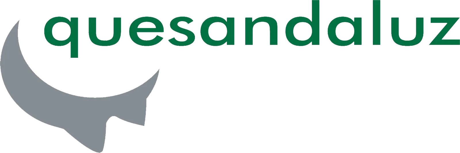 Logotipo con la palabra quesandaluz en verde y una forma gris curva y puntiaguda a la izquierda sobre fondo blanco.