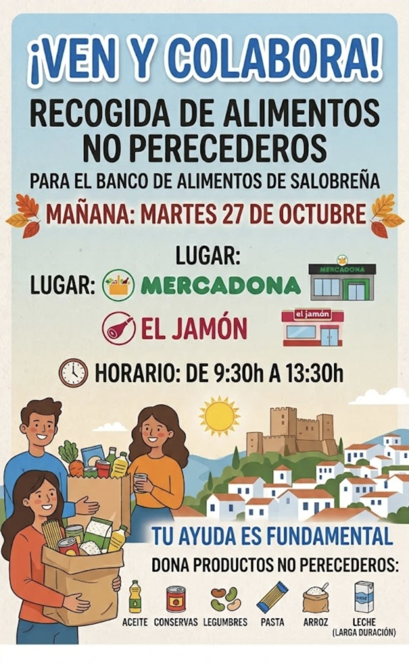 Cartel de una recogida de alimentos no perecederos con personas, bolsas de comida y un pueblo con castillo al fondo.