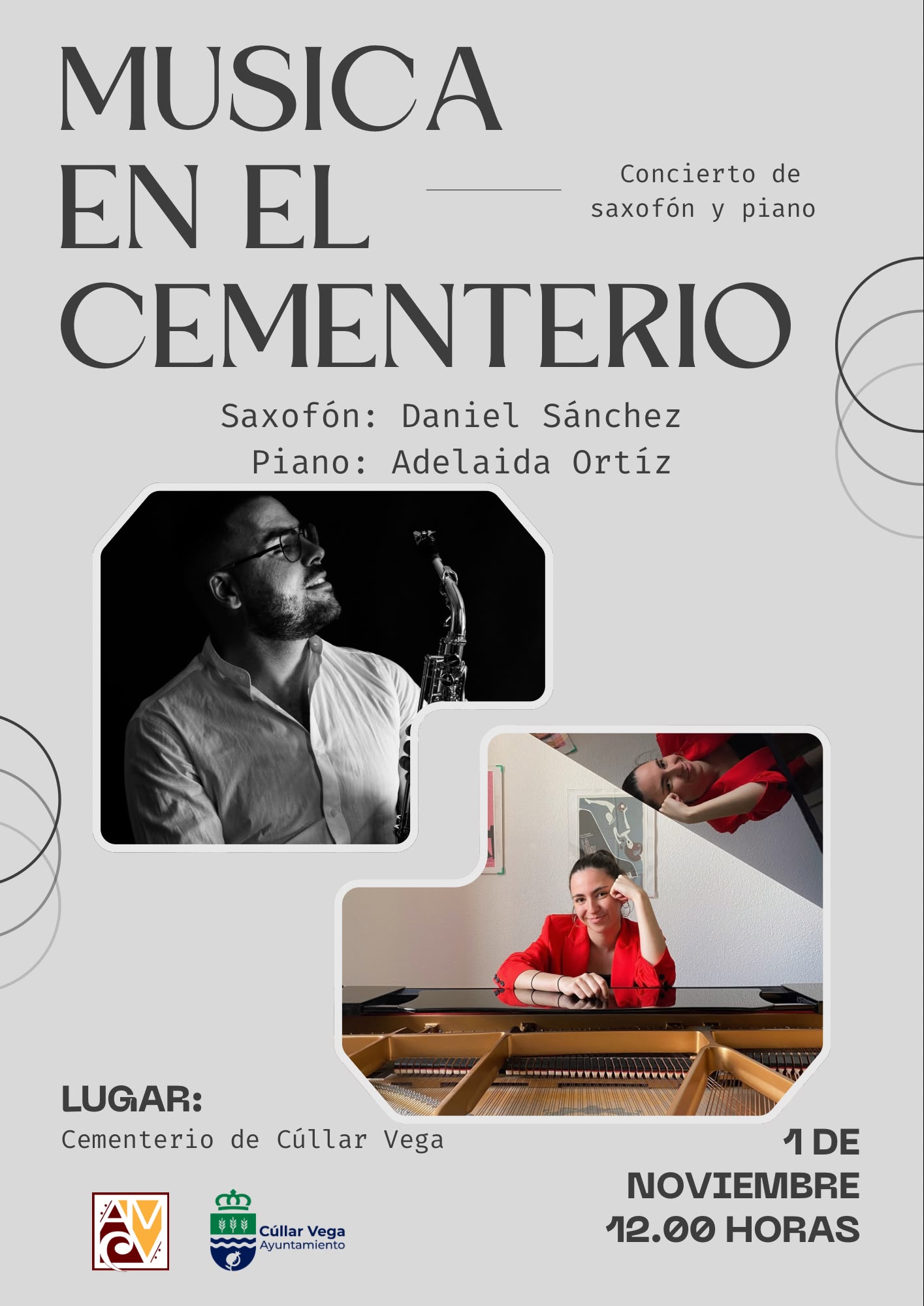 Cartel de un concierto de saxofón y piano con el título Música en el Cementerio, dos retratos de los intérpretes y datos del evento.