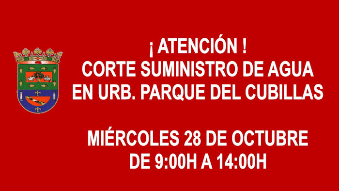 Cartel rojo con escudo y texto sobre un corte de agua en una urbanización el miércoles 28 de octubre de 9:00 a 14:00.