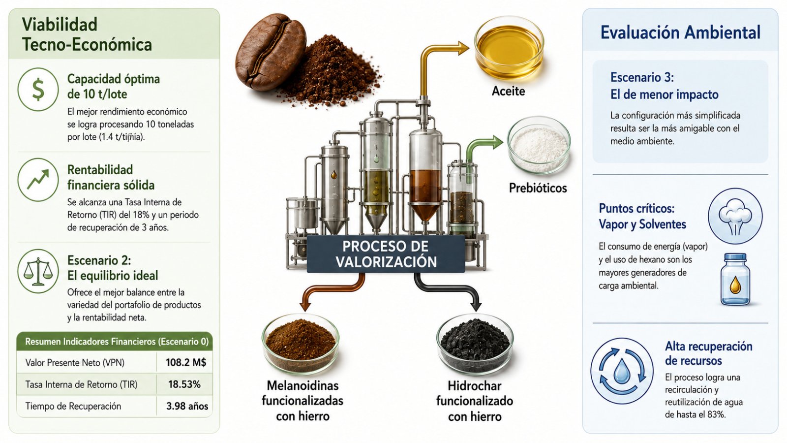 Infografía sobre la valorización de posos de café: un esquema central de proceso con reactores y flechas hacia aceite, prebióticos, melanoidinas e hidrochar, ju