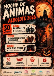 Cartel de la Noche de Ánimas de Albolote 2026 con un castillo, calabaza y un programa de pasacalles y actividades del 30 de octubre.