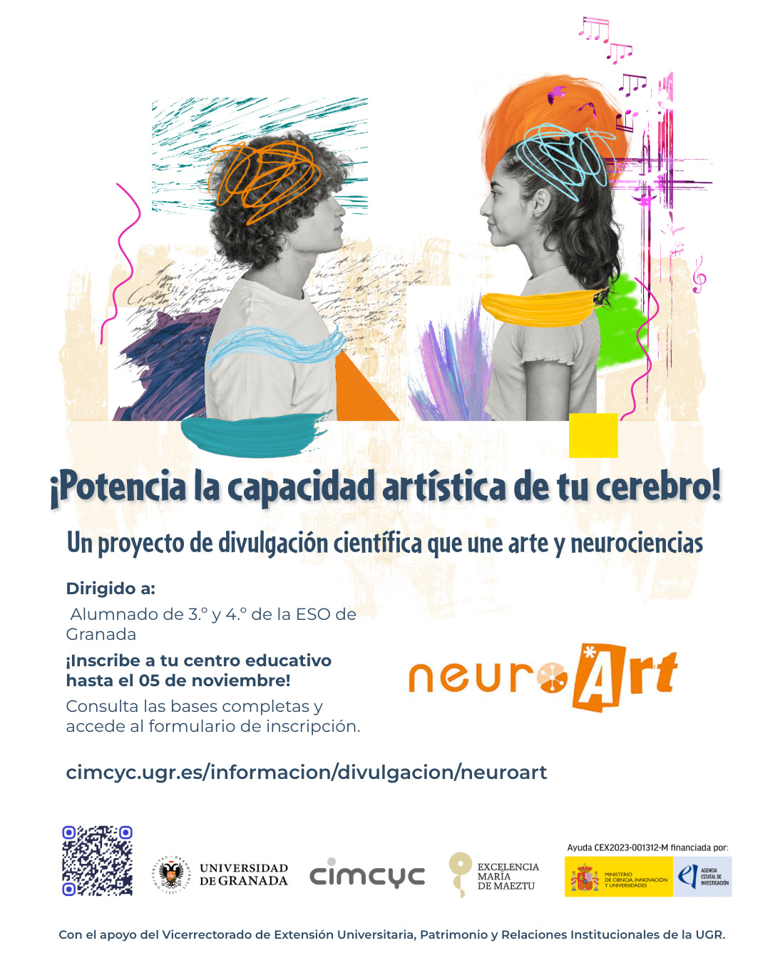 Cartel de NeuroArt con dos jóvenes de perfil, trazos de colores sobre sus cabezas y textos sobre un proyecto que une arte y neurociencias.