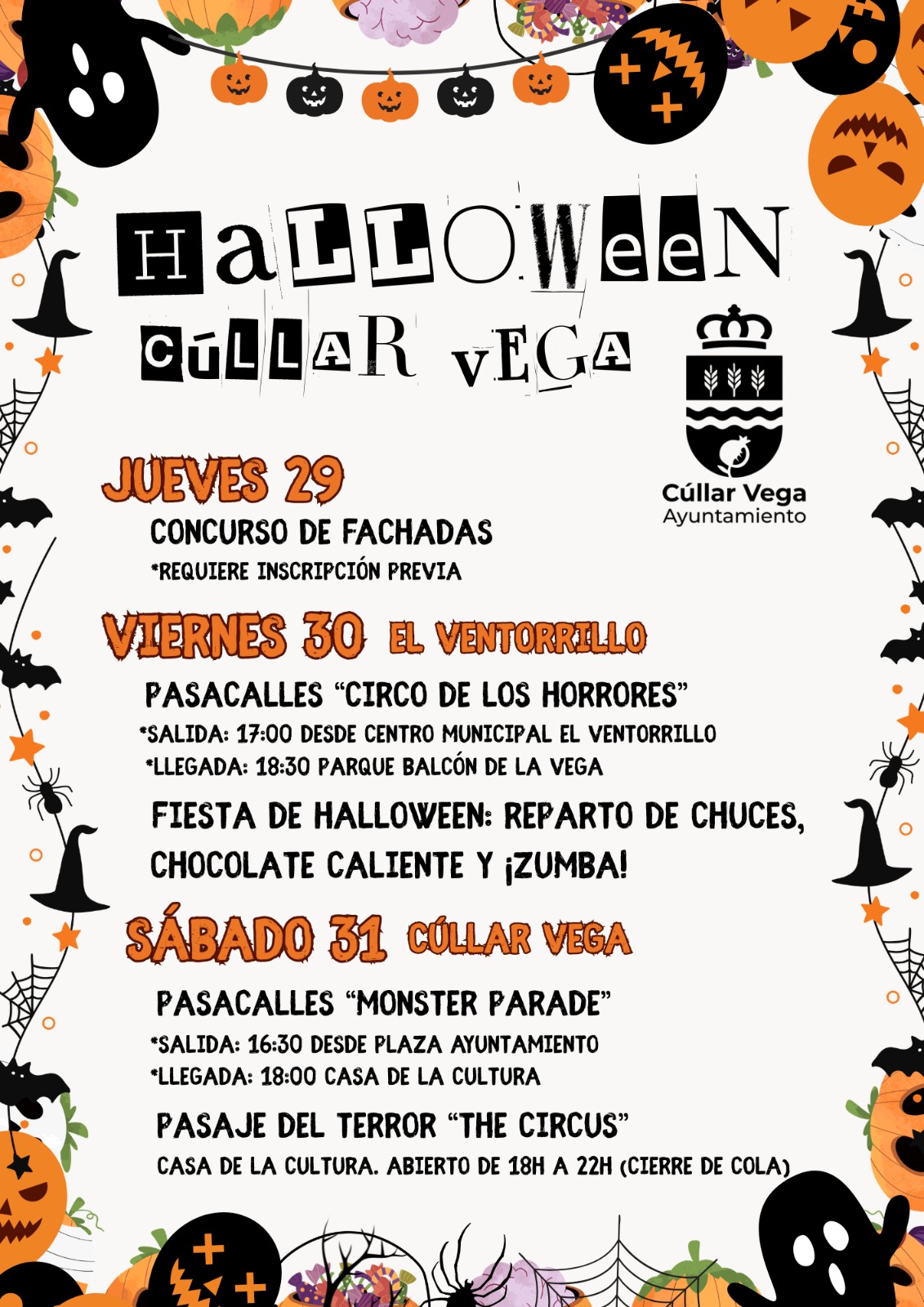 Cartel de Halloween en Cúllar Vega con calabazas, fantasmas y murciélagos, y programa de pasacalles y fiestas.