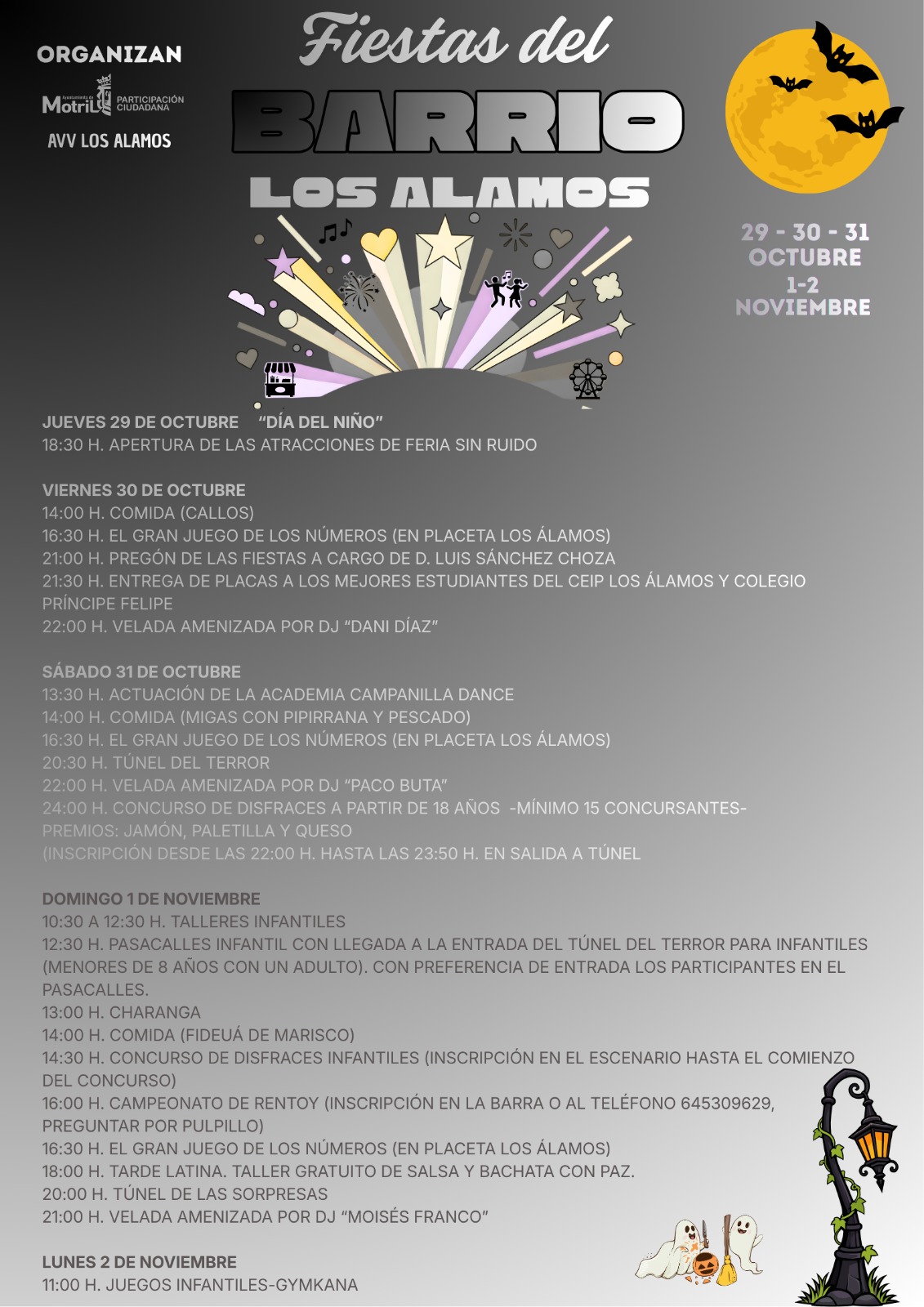 Cartel de las fiestas de un barrio con el programa de actos por días, del 29 de octubre al 2 de noviembre.