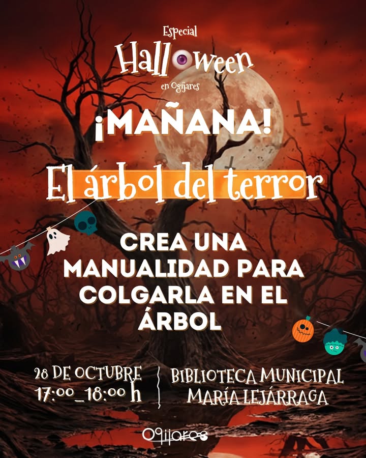 Cartel de Halloween con árboles retorcidos, luna llena y texto sobre un taller de manualidades en una biblioteca municipal.