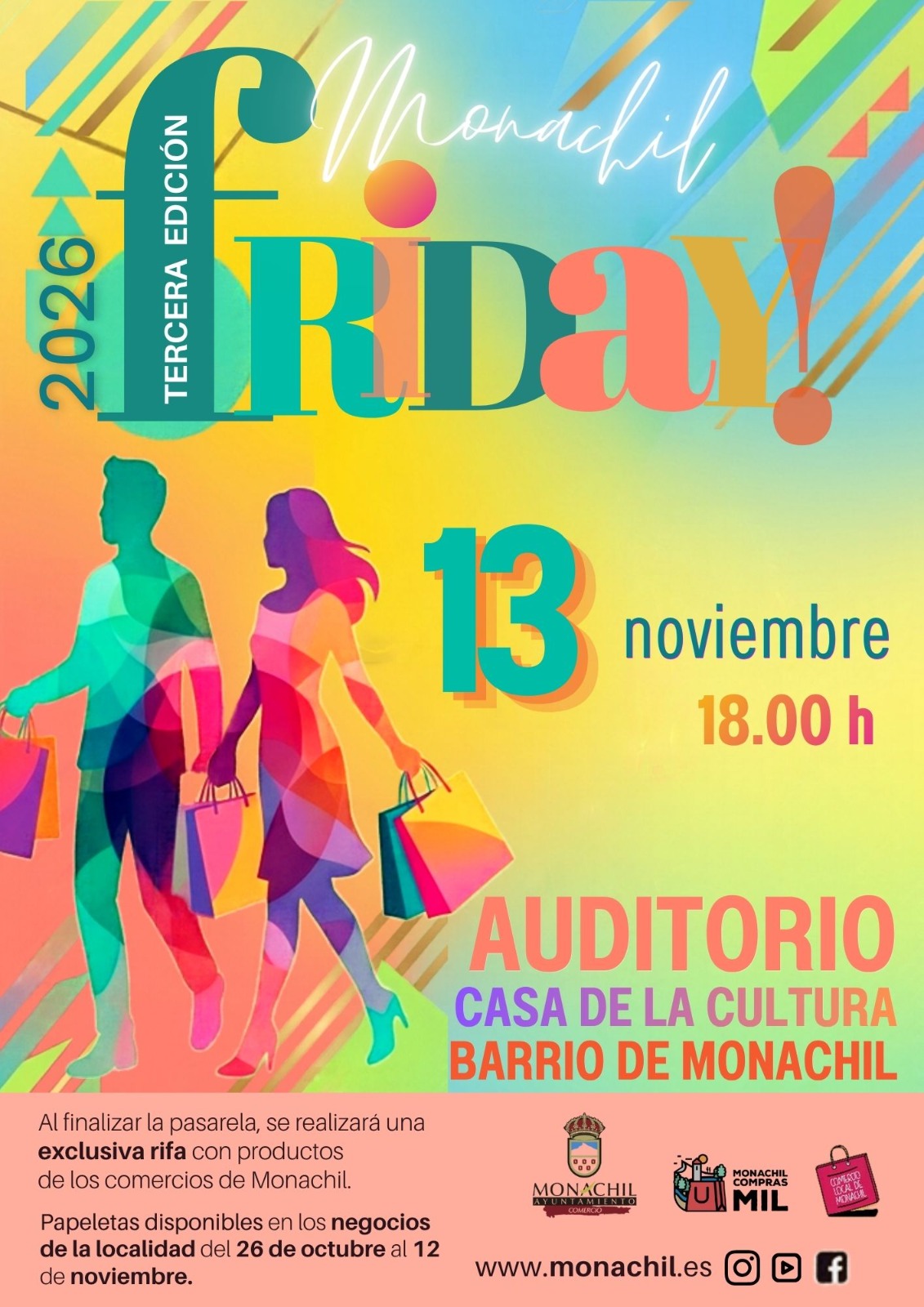Cartel colorido del evento Monachil Friday, con siluetas de dos personas con bolsas de compra y el texto 13 noviembre, 18.00 h.