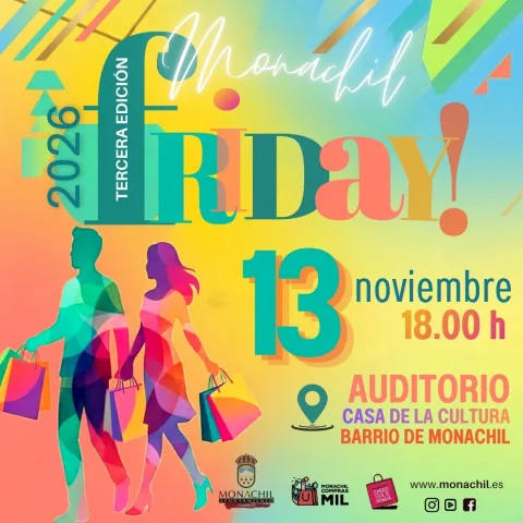 Cartel colorido con el texto Monachil Friday, 13 noviembre 18.00 h, Auditorio Casa de la Cultura, y dos siluetas con bolsas de compra.