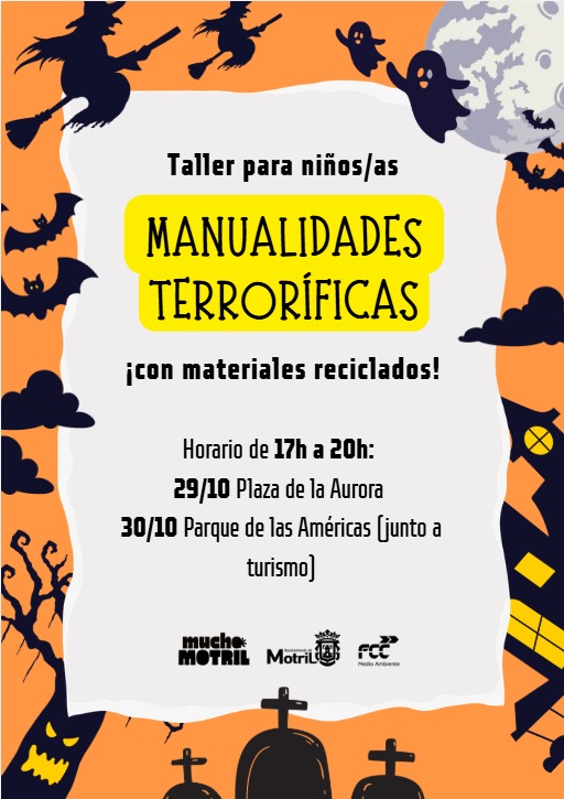Cartel naranja de talleres infantiles de manualidades terroríficas con materiales reciclados, brujas, fantasmas y calabazas.