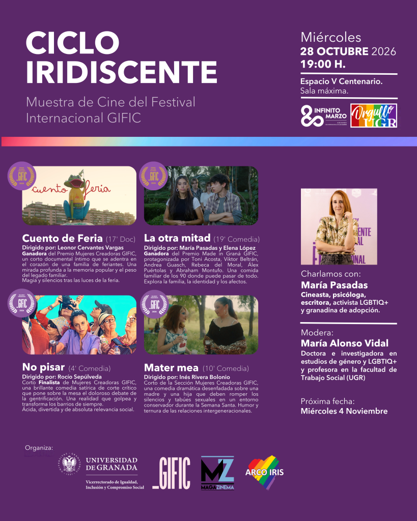 Cartel morado del Ciclo Iridiscente con fecha, cuatro cortometrajes con sus fotogramas y una ponente.