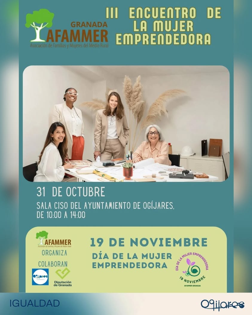 Cartel del III Encuentro de la Mujer Emprendedora con cuatro mujeres sonriendo en una mesa de trabajo.