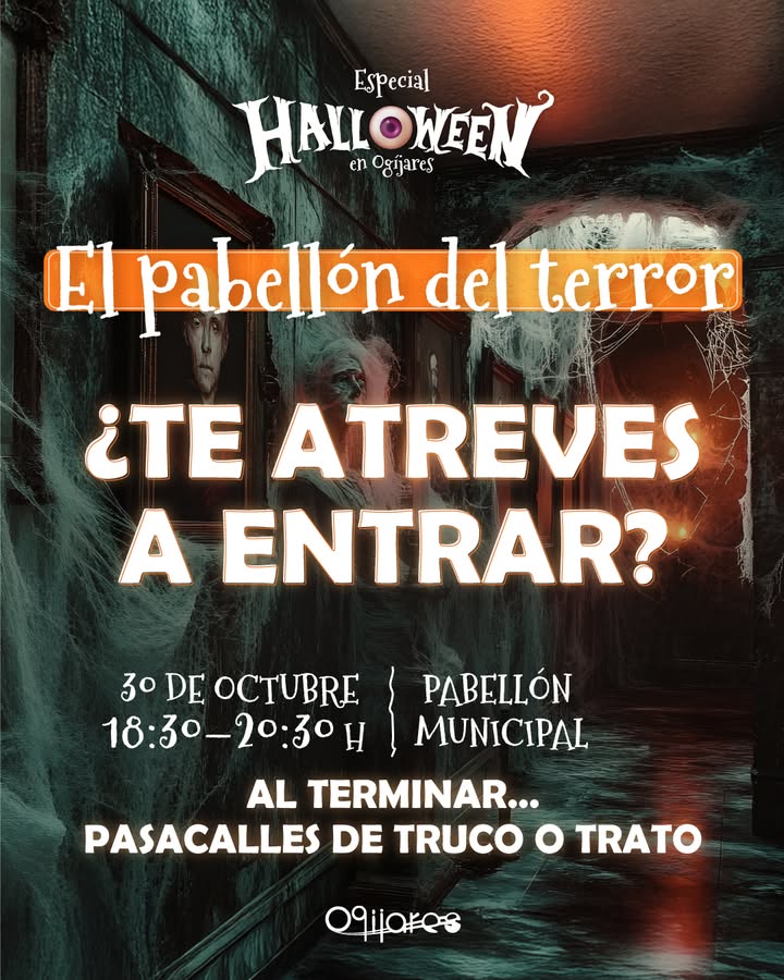 Cartel de Halloween sobre un pasillo oscuro con telarañas y un rostro enmarcado, anunciando un pabellón del terror.
