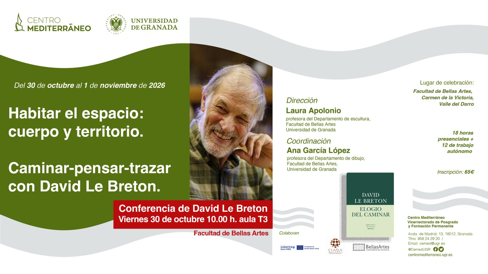 Cartel de un curso y conferencia con el retrato sonriente de un hombre mayor y los logotipos de la Universidad de Granada.