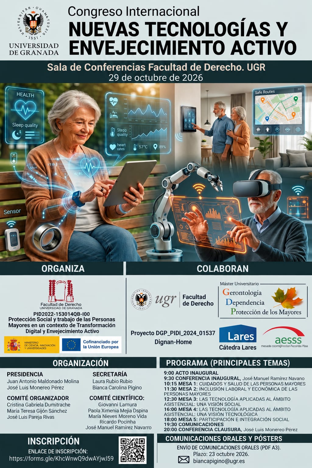 Cartel de un congreso sobre nuevas tecnologías y envejecimiento activo con una mujer mayor usando una tableta y un hombre con gafas de realidad virtual.