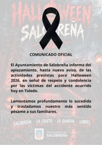 Cartel con un lazo negro y el texto Comunicado oficial que anuncia el aplazamiento de las actividades de Halloween en Salobreña.