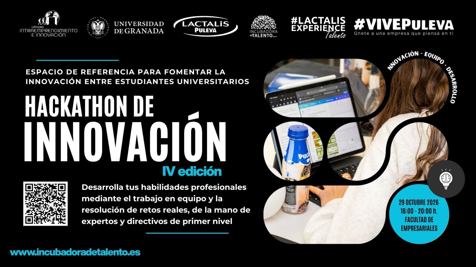 Cartel negro de un hackathon de innovación con logos de la UGR y Lactalis Puleva, un QR y una persona ante un portátil.