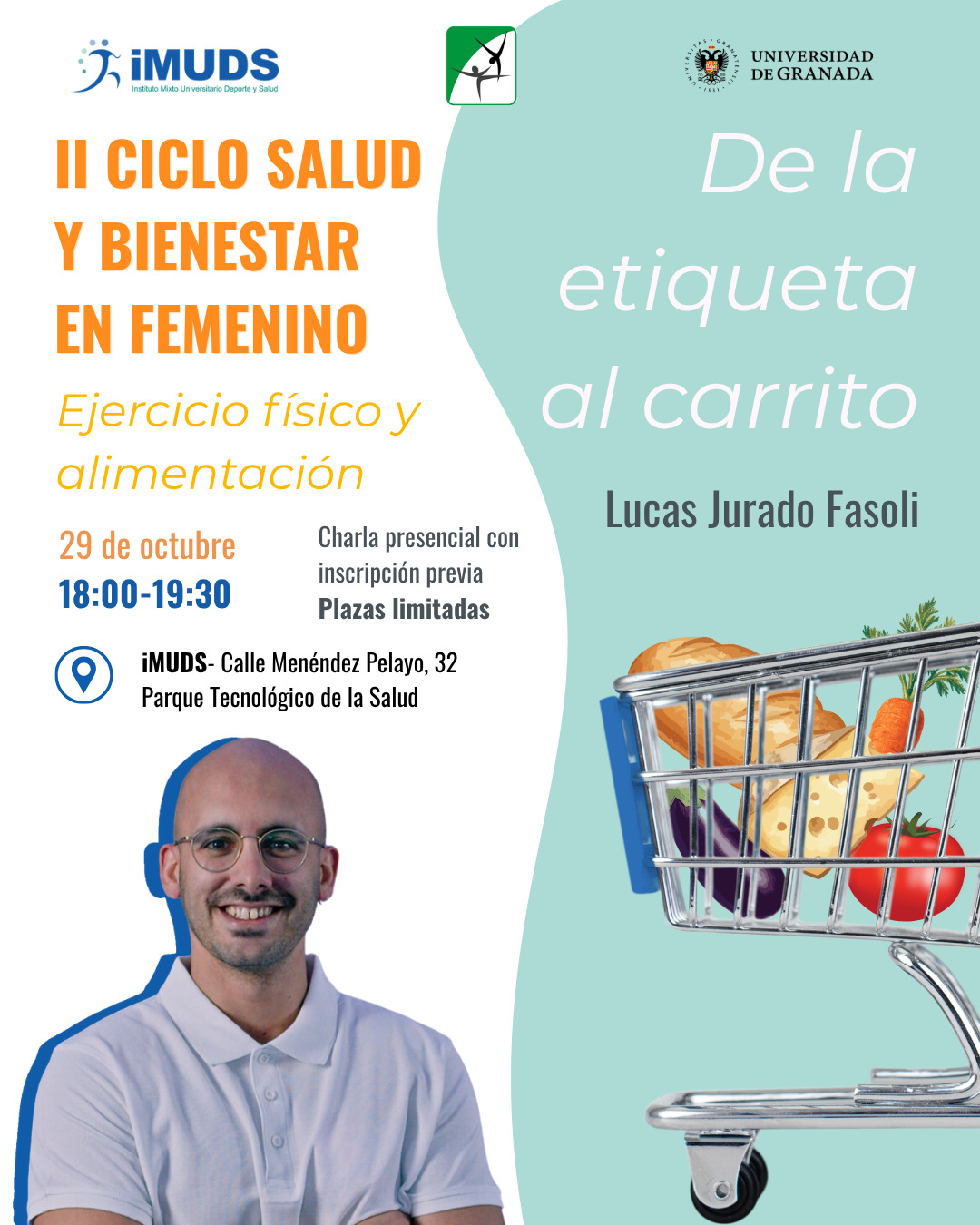 Cartel de una charla con un hombre con gafas, un carrito de la compra con alimentos y textos sobre salud y etiquetas.