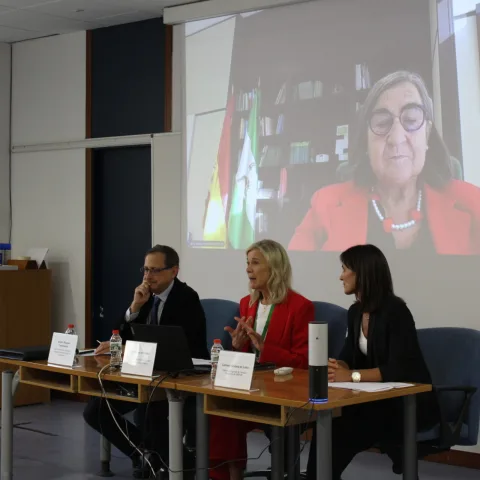 Tres personas sentadas tras una mesa en una sala, con una mujer interviniendo y otra visible en una pantalla de proyección.
