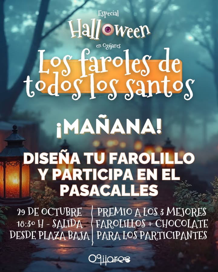 Cartel de Halloween en Ogíjares con farolillos, texto de pasacalles y fecha del 29 de octubre a las 18:30 h.