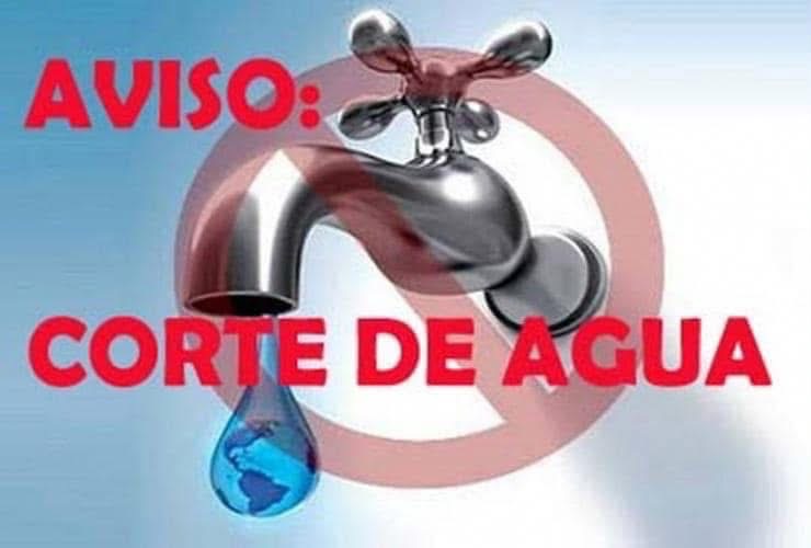 Un grifo metálico con una gota de agua y un círculo rojo detrás, con el texto AVISO: CORTE DE AGUA.