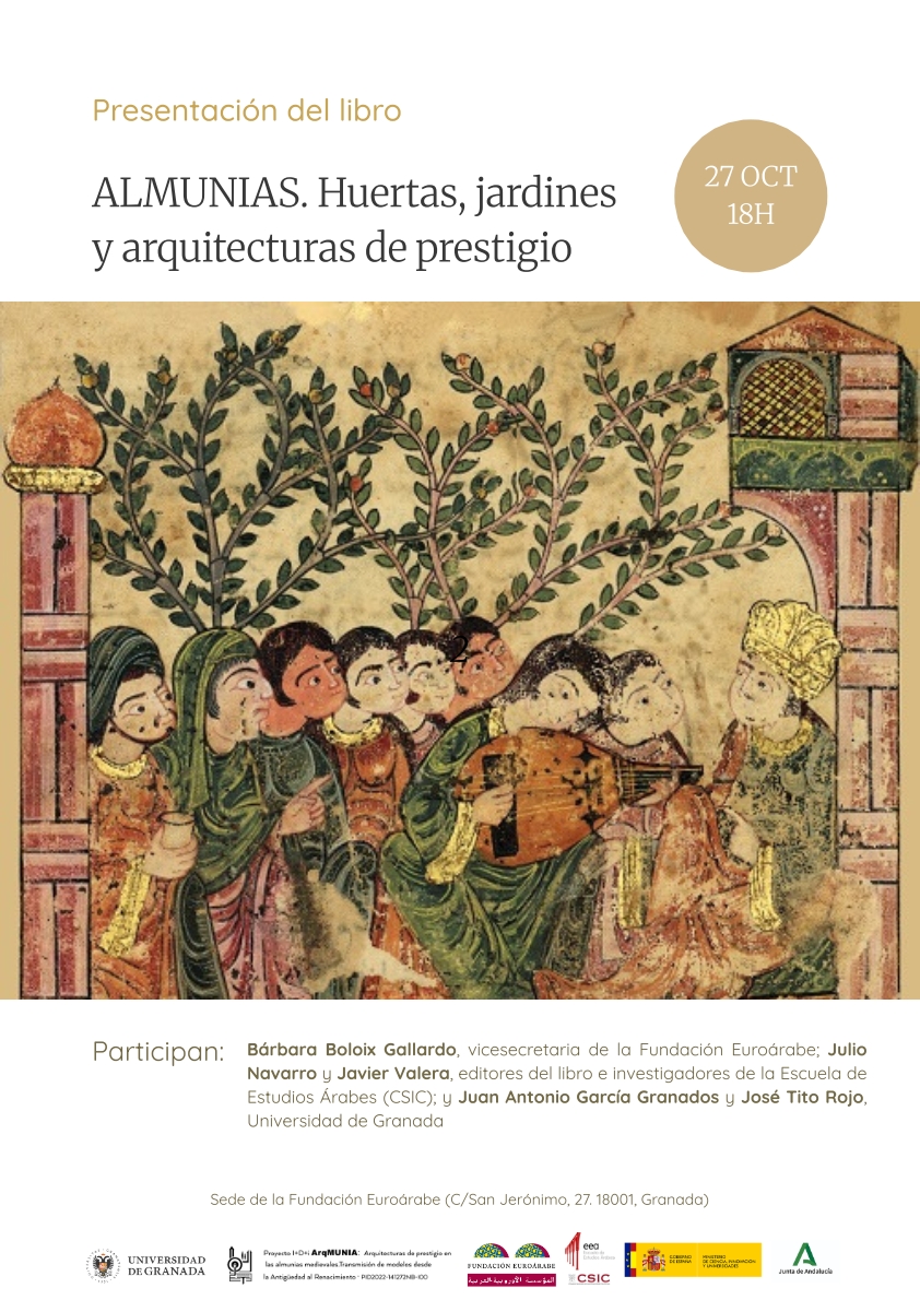 Cartel de presentación de un libro con una ilustración de varias figuras tocando instrumentos bajo árboles.
