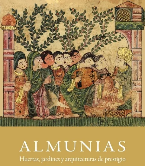 Ilustración medieval con varias figuras tocando instrumentos bajo árboles, sobre una franja con el título Almunias.