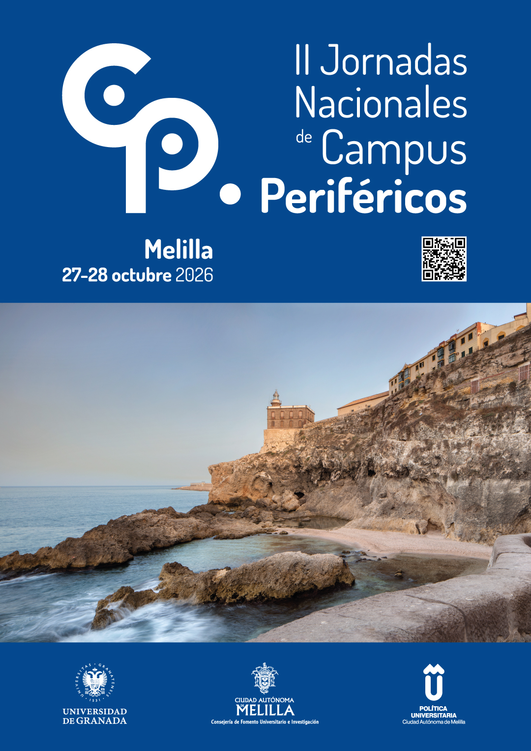 Cartel azul con el texto II Jornadas Nacionales de Campus Periféricos, Melilla, 27-28 octubre 2026, sobre una costa rocosa con edificios.