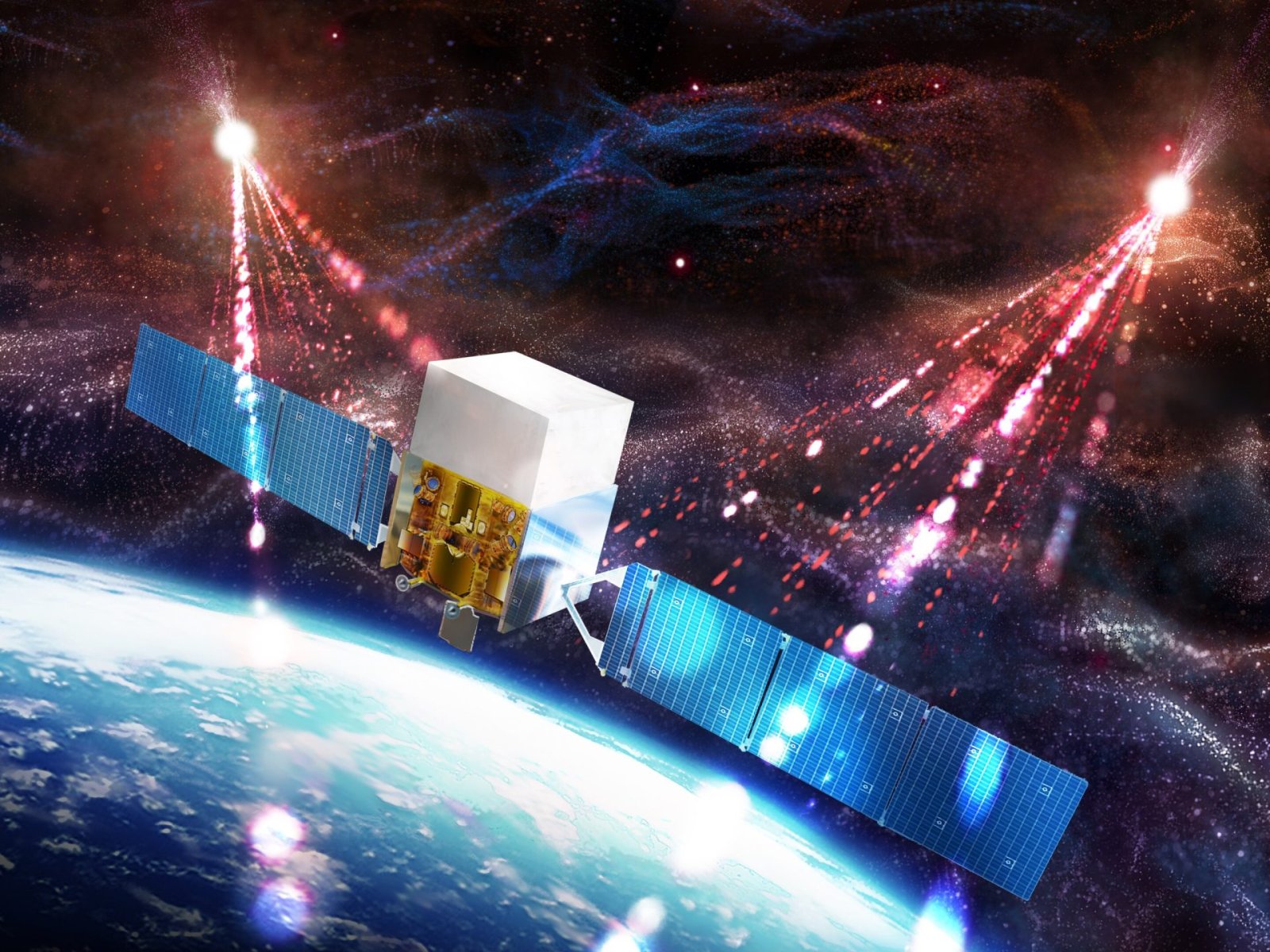 Un satélite con paneles solares azules sobre la Tierra, con chorros de luz roja y blanca saliendo hacia el espacio.