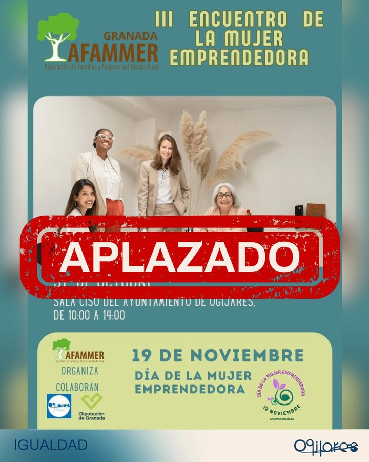 Cartel del III Encuentro de la Mujer Emprendedora con un sello rojo de APLAZADO sobre la foto de cuatro mujeres sonrientes.