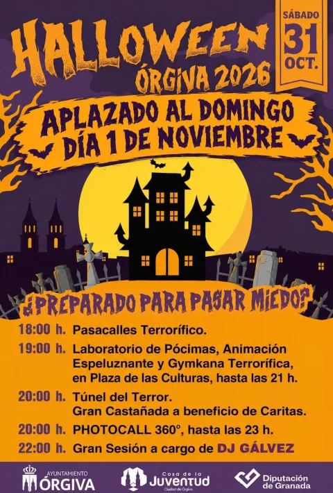 Cartel morado y naranja de Halloween en Órgiva con castillo encantado, luna llena, murciélagos y programa de actividades.