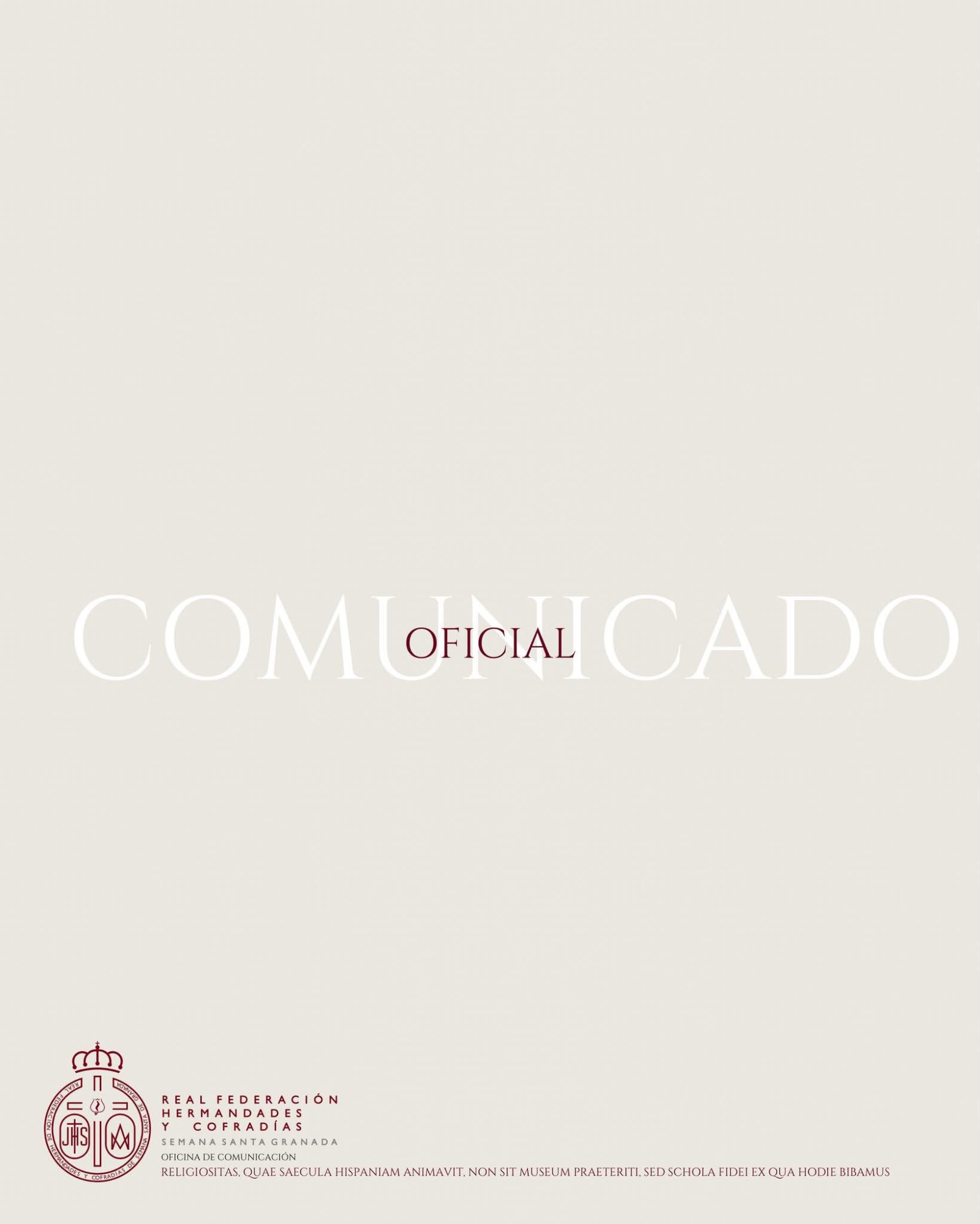 Un fondo beige con la palabra COMUNICADO en mayúsculas grandes y, debajo, el escudo y el nombre de una federación de hermandades y cofradías.